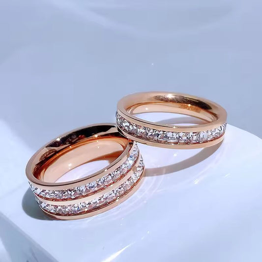 Luxury Rose Gold Color Double Row Square Zircon Stainless Steel Ring for Women Romantic Engageme Wedding Party Jewelry Female