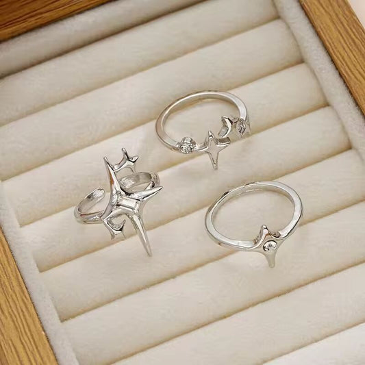 3pcs Cold Wind Starlight Inlaid Zircon Open Ring Set Handicraft, Soul Collision Trendy Jewelry Accessories 2024